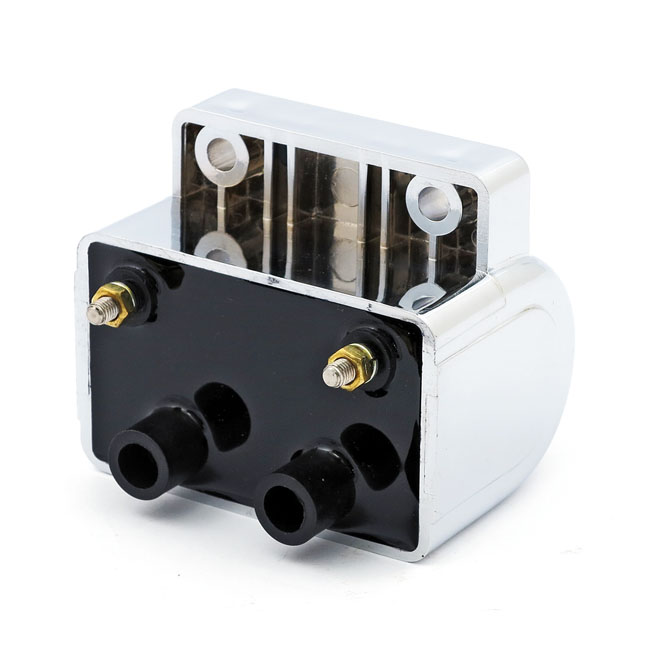 'Late' OEM style ignition coil. 12V, 5 ohm. Chrome