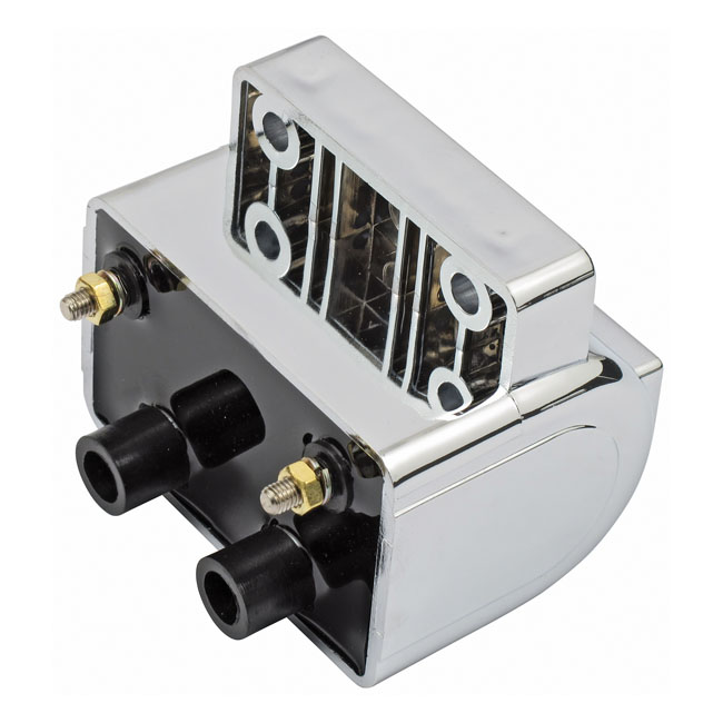 'Late' OEM style ignition coil. 12V, 4 ohm. Chrome